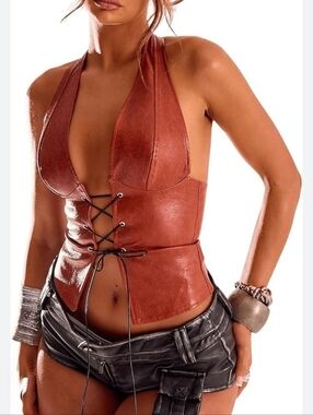 Lace-Up Leather Halter Neck Corset Top in Rust Medium